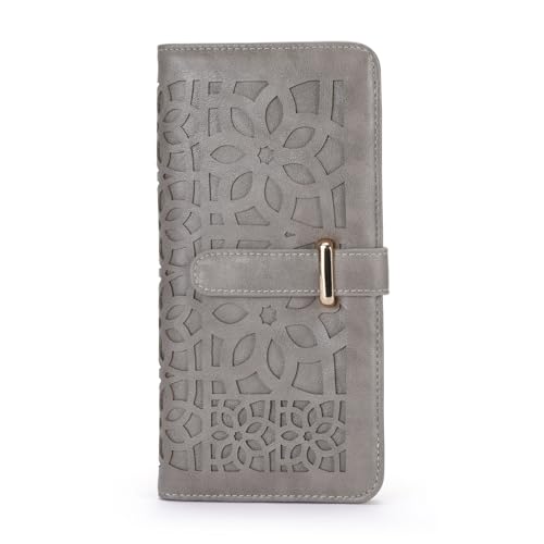 Womens Wallet, RFID Wallet Women Ultra Slim Wallet for Women Thin Ladies Wallet Credit Card Holder Bifold Wallet with Hollow Out Design Gift, Gray