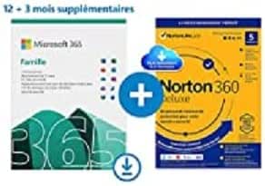 Microsoft 365 Famille | Office 365 apps | jusqu’à 6 utilisateurs | 15 Mois + NORTON 360 Deluxe | PC/MAC, tablette et smartphone | Téléchargement