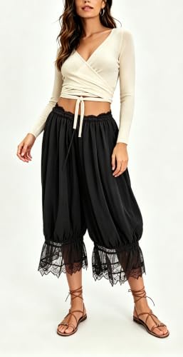Image of UAURORAO Women Lace Trim Bloomer Pants Flowy Culottes Pantaloons Bloomers