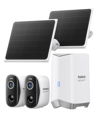 Baseus Solar-Überwachungskameras, kabellos, für den Außenbereich, N1 2-Cam Kit mit Solarpanel, 3 W, 2K-Farb-Nachtsichtkamera für Zuhause, solarbetrieben, IP67, keine monatliche Gebühr, 16 TB