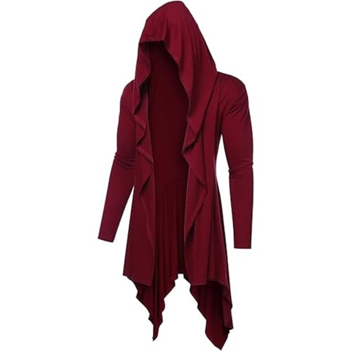 Mens Long Hooded Cardigan Ruffle Shawl Collar Open Front Lightweight Drape Cape Overcoat with Pocket Gothic Outwear2