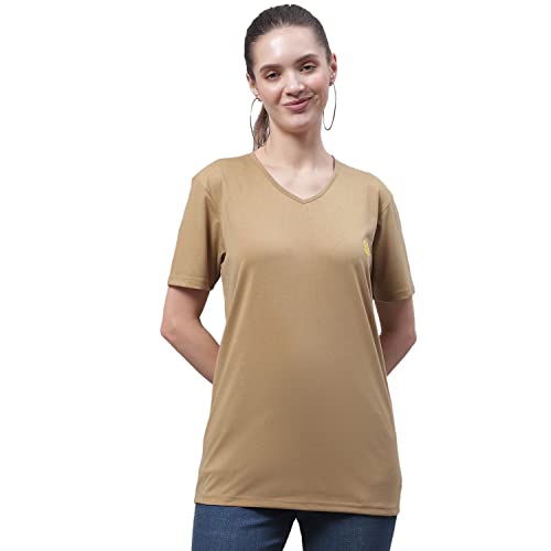 Image of Mack Jonney Women V Neck Cotton Solid Regular Fit T-Shirt-V Anthraa 001-P