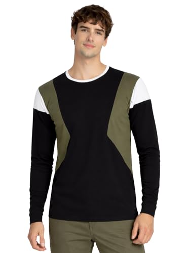 Image of ADRO Men's Full Sleeve T-Shirt Navy Grey Colorblock | Cotton Round Neck Casual Tshirt | Regular Fit Stylish T Shirt