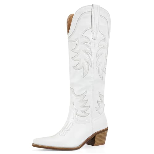 VOZTOLLS Cowgirl Boots Women Cowboy Knee High Tall Boots Chunky Block Heel Pointed Toe Pull-On Western Boats with Classic Embroidered for Country Fashion Party White Size 10