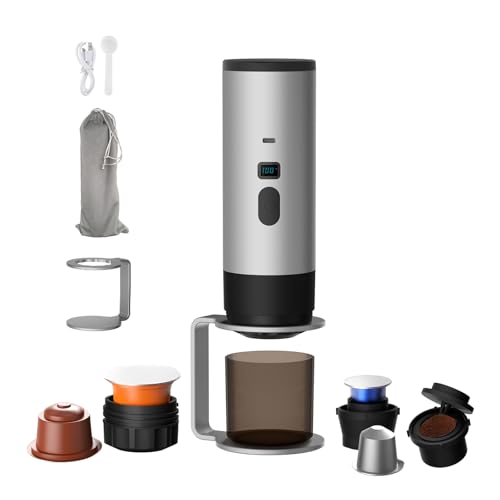 Macchina Caffe Portatile 3-in-1, Macchina per Caffè Espresso con Display LED e Type-C per Viaggi, Ufficio e Auto, Auto-Riscaldamento in 3-5 Minuti (Grigio (Con supporto e velluto))