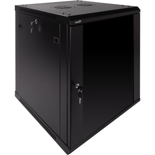 Image of NavePoint 12U Server Rack Enclosure - 23.6 inch Deep, Wall Mount Network Cabinet with Locking Glass Door for 19 inch IT Equipment, Network Rack with 2 Fans, Removable Side Panels, Black