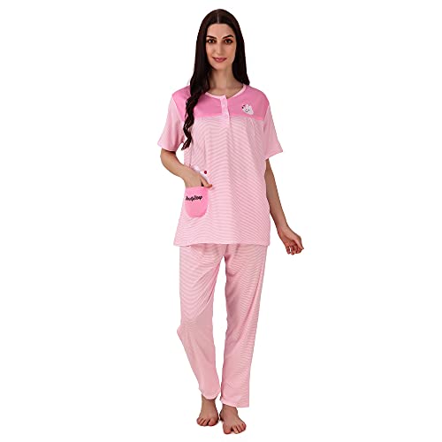 Image of Miley Premium Night Suit Set for Women with Top & Pyjama Set, Night Suits for Women Stylish, Cute Cotton Beauty Sleep Printed Sleep Wear with Small Bunny Pockets.