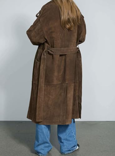 chouyatou Women's Faux Suede Leather Trench Coat Double Breasted Notch Collar Mid Long Overcoat with Belt2