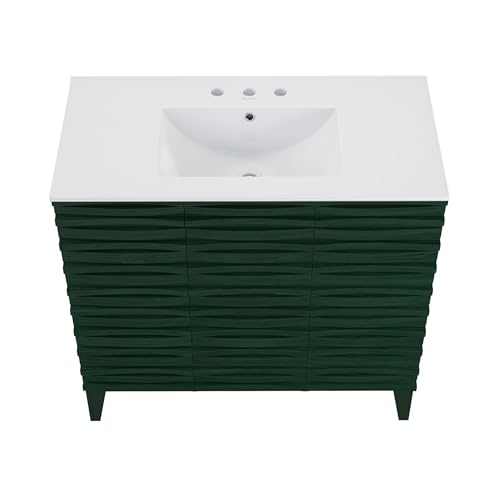 Image of Swiss Madison Cascade 36 inch Freestanding Bathroom Vanity in Green Oak with 3-Hole Widespread Sink Top
