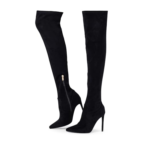 Elisabet Tang Thigh High Boots Over the Knee Boots for Women,Sexy 4.3 inch Stilettos High Heels Boots Stretch Suede Long Pointed Toe Shoes Black Suede Size 9