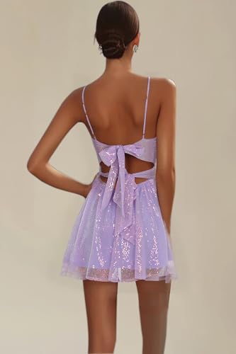 Sequin Homecoming Dresses for Teens 2025 Spaghetti Straps Sparkly Sweetheart Neck Cocktail Party Gowns with Bow4