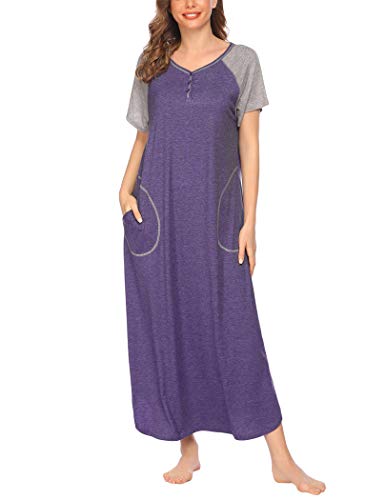 DREZZED Women's Loungewear Long Nightgown Women's Ultra-Soft Nightshirt Full Length Sleepwear with Pocket Purple S