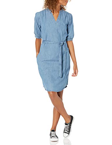 Amazon Brand - Goodthreads Women's Denim Puff Sleeve V-Neck Tie Waist Dress, Medium Wash, Small