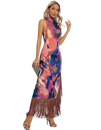 Image of Aigeman Women Vintage Flapper Dresses 1920s Great Gatsby Halter Fringed Maxi Dress Tassels High Split Formal Dress 19