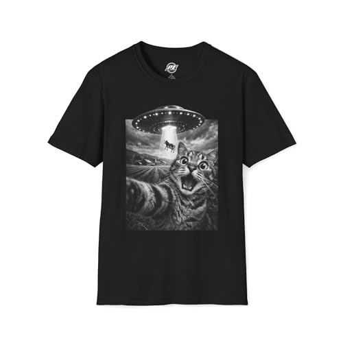 Cat Selfie UFO T-Shirt — Funny Alien Abduction Graphic Tee Black