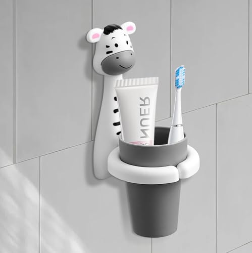 TOATELU Portaspazzolino per bambini, portaspazzolino con tazza, portaspazzolino senza foratura, portaspazzolino da parete, simpatico portaspazzolino per neonati e bambini (forma zebra)