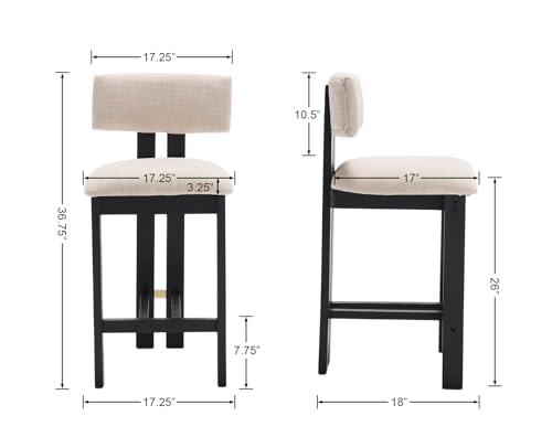Image of BESTANO 26 inch Counter Stools Set of 2 Counter Height Bar Stools with Back and Black Solid Wood Legs Modern Farmhouse Linen Upholstered Kitchen Bar Stools Countertop Bar Chairs, Beige