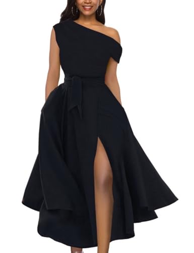 Women's Elegant Off Shoulder Sleeveless Belted Side Slit Cocktail Swing Dress with Pockets