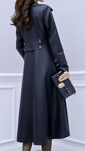 ebossy Women's Elegant Lapel Collar 2 Button Fit-Flare Pu Leather Long Trench Coat2