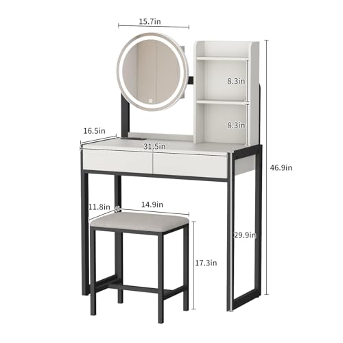 Image of Small Vanity Desk with Mirror and Lights, Makeup Vanity Table with LED Mirror, 3 Lighting Modes, Power Outlet, Drawer, Open Shelves and Cushioned Stool for Bedroom (Black)