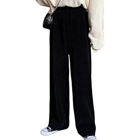 Jenkoon Womens Warm Fleece Lined Casual Sweatpants Winter Stretch Thermal Fuzzy Corduroy Wide Leg Pants(Black,M) Cover