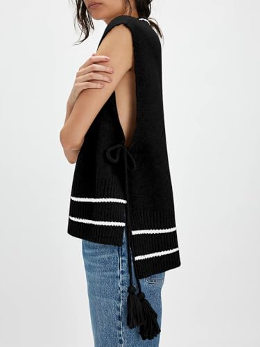 Yesfashion Womens Sleeveless Striped Ponch Sweaters V Neck Color Block Tie Side Going Out Knit Pullover Sweater Vest Tops2