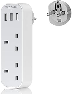 UK to European Plug Adapter with 3 USB, TESSAN Grounded EU Euro Europe Travel Plugs, Schuko European Adaptor for France Spain Iceland Austria Poland Germany Portugal Turkey Greece and More Type E/F