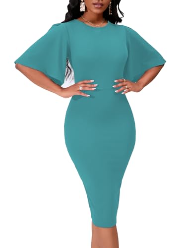 Image of Bdwinz Women's Basic Bodycon Ruffle Flared Short Sleeve Pencil Midi Dress