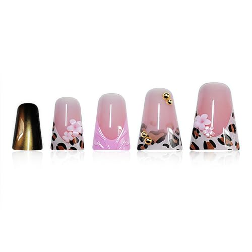 Image of Leopard Print Press on Nails French Tip Fake Nails Duck False Nail with Flower Design Glossy Full Cover Artificial Acrylic Nail Bronze Stick on Nail for Women Manicure 24Pcs
