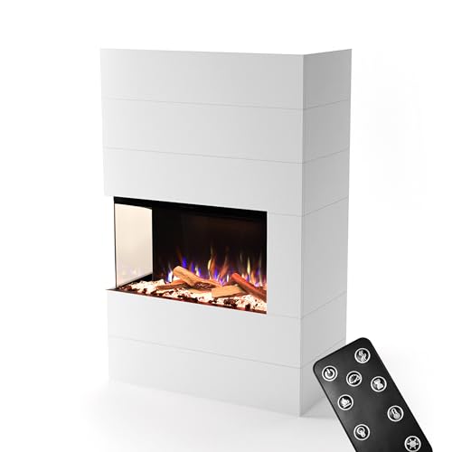 GLOW FIRE Kaminofen Portia linksoffen mit realistischem 3D E-Motion LED-Feuer - Stand-Elektrokamin mit Heizung und Kaminfeuer, Knistereffekt & Timer, max. 1500 W, 140x90x45, Weiß