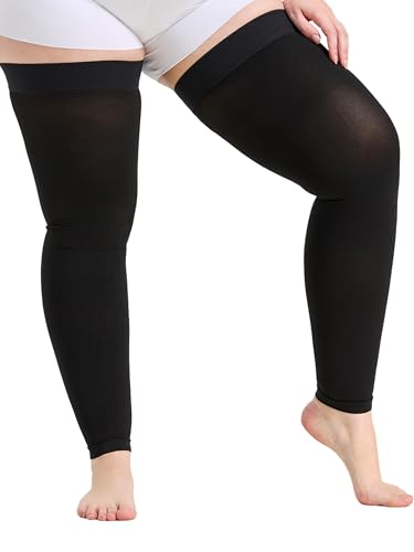 Image of Plus Size 4XL Thigh High Compression Stockings Footless- 15-20mmHg Moderate Full Leg Support Hoses with Unisex Reinforced Silicone Top Band, Breathable Fabric in Black for Nurses & Extended Standing