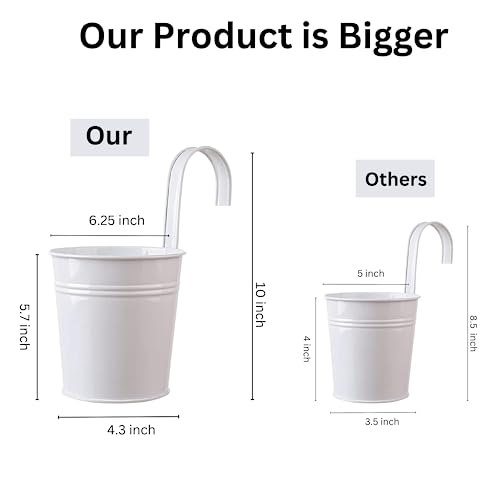 Garden4Life 6.25 Inch Large Iron Hanging Plant Pot Set - Planters For Indoor Plants & Outdoor Flora W/Drainage Hole, Detachable Hook - Ideal Balcony Planters Fence Railing Hanging Pots - 4Pcs White #TOP7