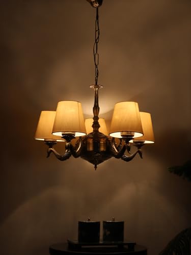 Image of Devansh 05-Light Conical Off-White Cotton Shade Chandelier - Antique Golden Finish | Adjustable Cord | Warm Glow Lamp - Ceiling Light for Living Room, Dining Area, Bedroom & Entryway Decor - D1