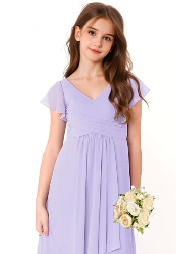 Chiffon Junior Bridesmaid Dresses for Girls Ruffle Sleeve Formal Party Wedding Guest V Neck Flower Girl Dress Sage Green-162