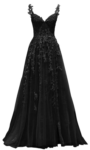 Lace Tulle Prom Dresses with Slit Long Ball Gown A-line Spaghetti Strap Formal Evening Wedding Party Gown