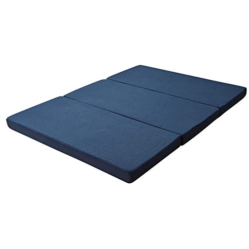 リコメン堂 マットレス 折りたたみ 高反発 セミシングル 3つ折り 厚さ10cm 炭入り リバーシブル 体圧分散 通気 洗える メッシュ生地 三つ折り 高密度 190N ごろ寝 敷布団 折り畳み 高反発マットレス (ネイビー×凹凸三つ折)