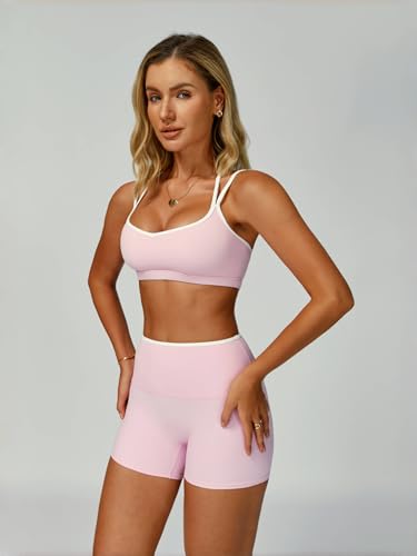 ABOCIW Workout Sets for Women 2 Piece Color Block Strappy Sports Bra High Waist Shorts Gym Yoga Pilates Outfits3