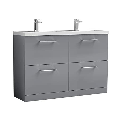 Image of nuie ARN2233C Arno Floor Standing 4 Drawer Vanity Unit & Double Polymarble Basin, 1200mm, Satin Grey