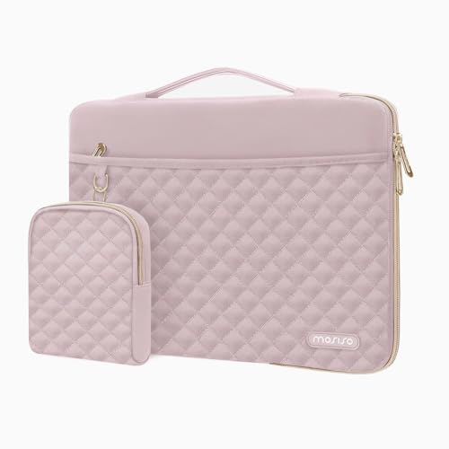 MOSISO 13-14 Inch 360 Funda Protectora Portátil, Compatible con MacBook Air/Pro 13/Pro 14, 13,3 Pulgadas Transporte Plaza Acolchada Abierta Lateral Bolsa con Horizontal Bolsillos&Small Caso&Faja,Rosa