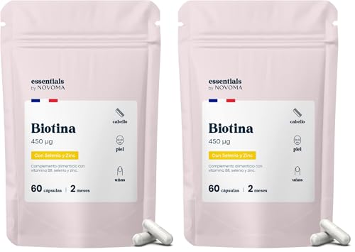 Biotina, Zinc & Selenio, Alta Dosis de Biotina para el Cabello, Piel y Uñas, 60 Cápsulas Veganas para 2 Meses, Vitaminas para el Crecimiento de Cabello, Essentials by Novoma (Paquete de 2)
