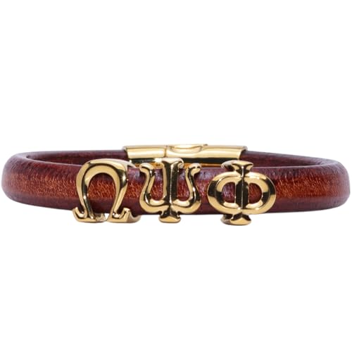 Omega Psi Phi Fraternity Men's Leather and Stainless Steel Bracelet - Prophyte 2.0 - by SANDZ (Tobacco, 14kt Gold plated Stainless Steel)