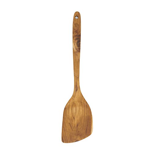 FAAY 13.5” Stir Fry Wooden Spatula for RIGHT Hand, Ergonomic Handle Saute Paddle, Healthy Wood Turner, Handcraft from High Moist Resistance Golden Teak, Compatible for Non Stick Wok and Stir-Fry Pan