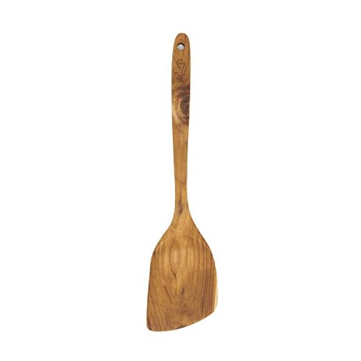 FAAY 13.5” Stir Fry Wooden Spatula for RIGHT Hand, Ergonomic Handle Saute Paddle, Healthy Wood Turner, Handcraft from High Moist Resistance Golden Teak, Compatible for Non Stick Wok and Stir-Fry Pan