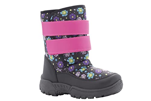 Kids Youth Black Floral Print Snow Boots With Sherpa Lining Insulation For Skiing Hiking Walking In The Snow - Big Kid Size 3