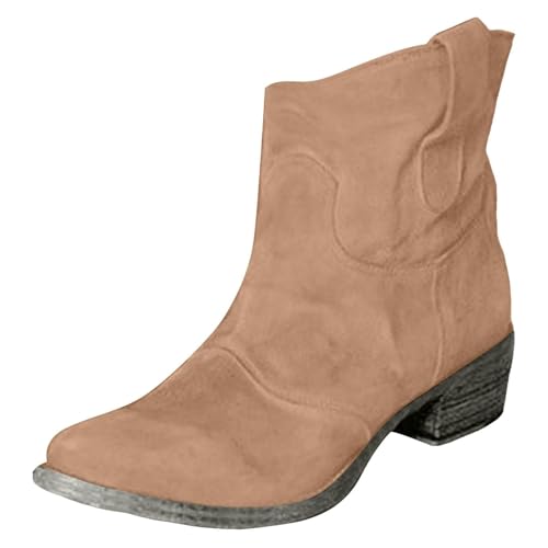 Suede Ankle Boots for Women Western Cowboy Ankle Booties Low Heel Suede Chunky Heel Ankle Round Toe Short Boots Comfortable Warm Fall Winter Shoes Slip On Fashion Retro Classic Booties