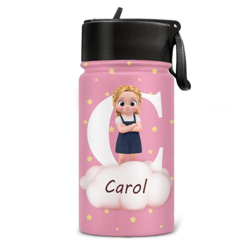 Wrappiness Back To School Gift For Kids - Personalized Gift for School, Sports, and Playtime, Custom Kids Water Bottle With Straw, Personalized 12oz Stainless Steel Bottle (Cute Kid With Cloudy)