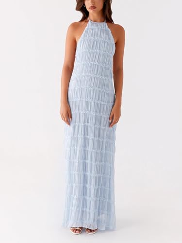 Image of Women Summer Halter Neck Maxi Dress Flowy Ruffle Tiered Sleeveless Sundress Boho Backless Spaghetti Strap Long Dress