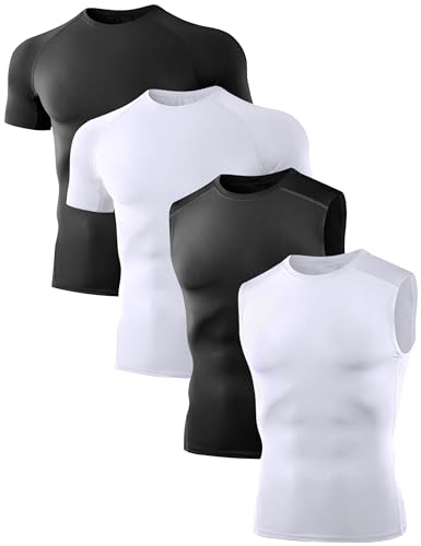 Dalavch 4 Pack Compression Shirts and Tank Tops Men Short Sleeve/Sleeveless Athletic Undershirt for Sport 2 Black 2 White Large