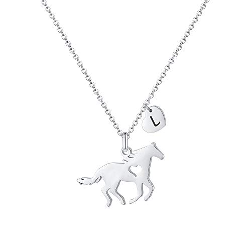 MONOOC Horse Gifts for Girls， Stainless Steel Horse Necklace for Girls Dainty Horse Pendant Heart 26 Initial Necklace Horse Jewelry for Girls Horse Gifts for Girls Women Horse Lovers Kids Jewelry