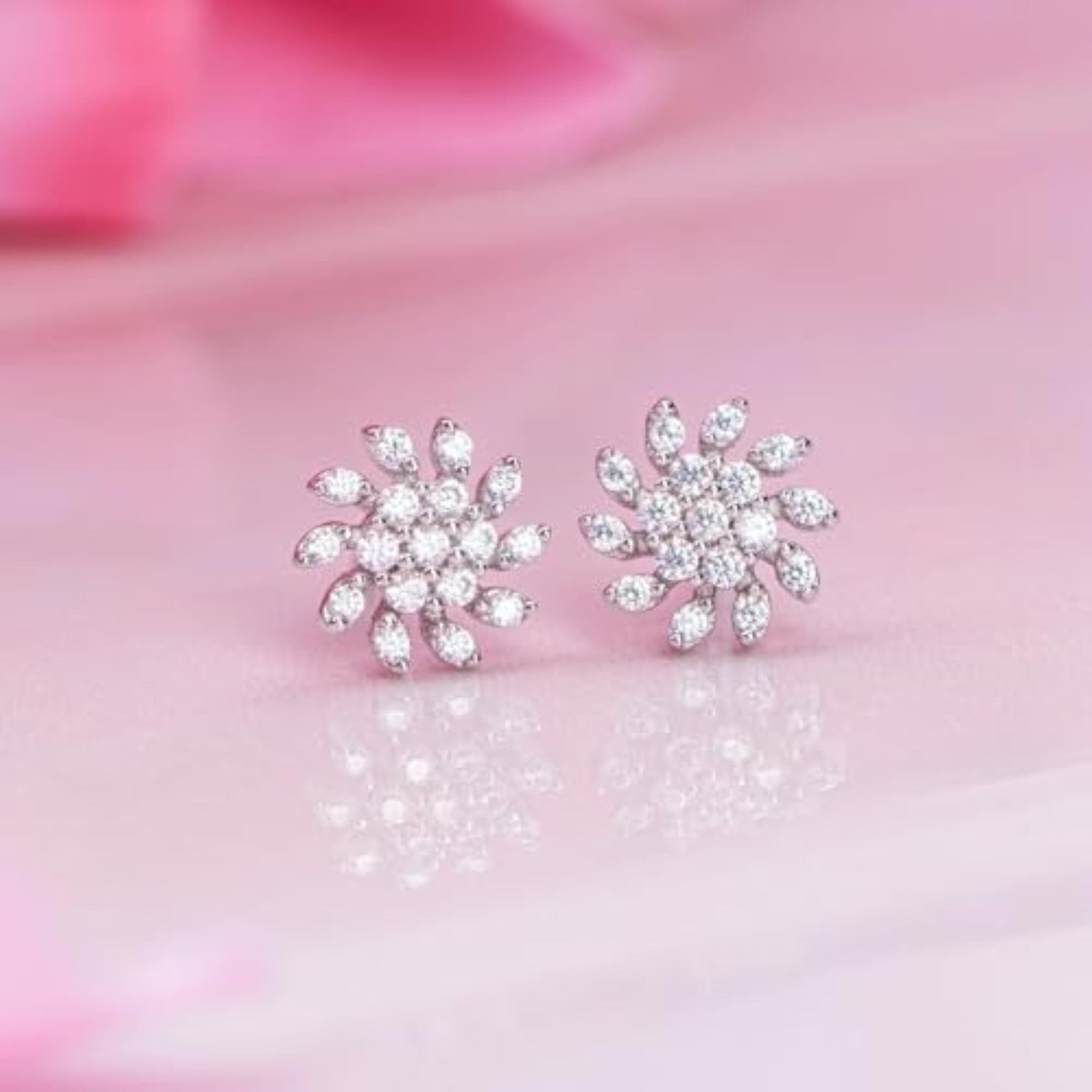925 Silver CZ Floral Stud Earrings, Rhodium Plated